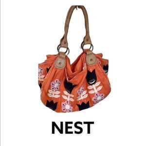 Nest Orange Black Pink White Flower Embroidered Shoulder Bag Purse